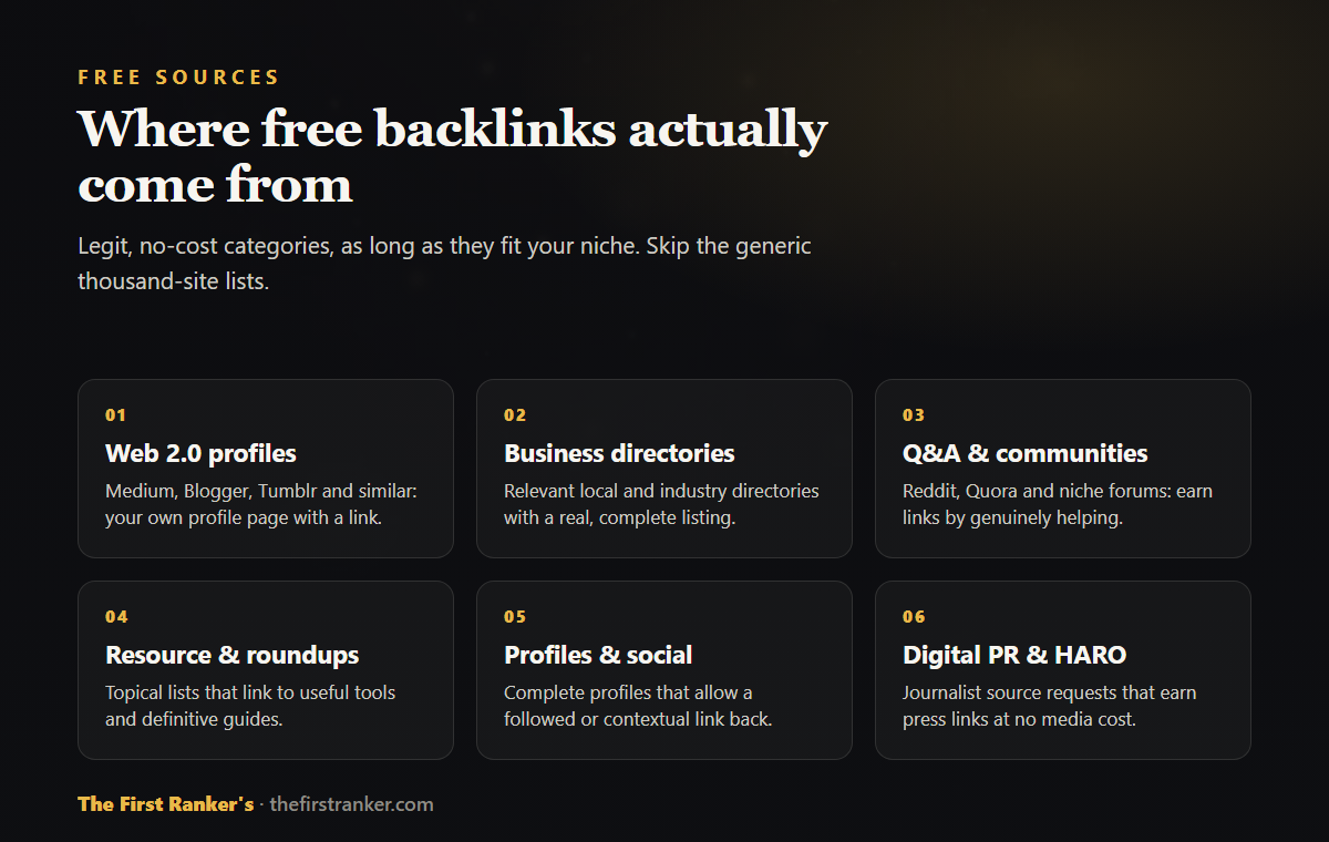 Six free backlink source categories: Web 2.0 profiles, business directories, Q&A and communities, resource and roundup pages, profiles and social, and digital PR and HARO