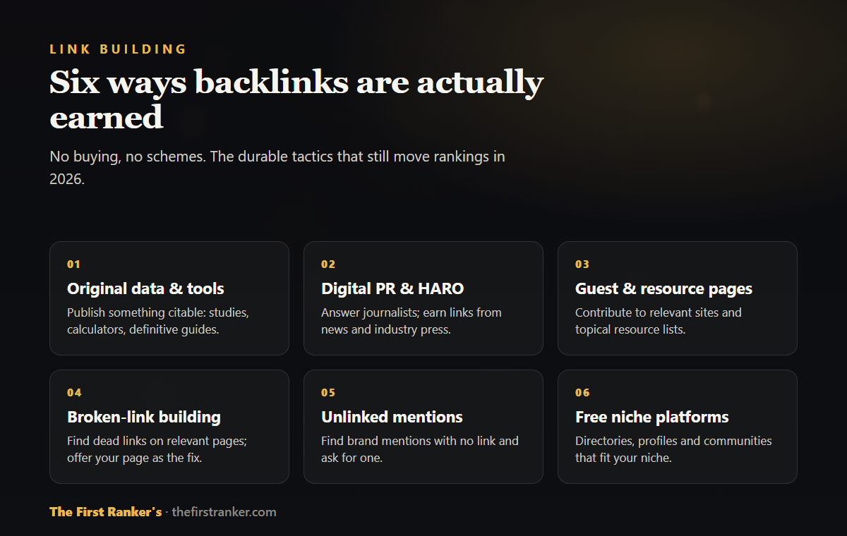Six ways backlinks are earned: original data and tools, digital PR and HARO, guest and resource pages, broken-link building, unlinked mentions, and free niche platforms