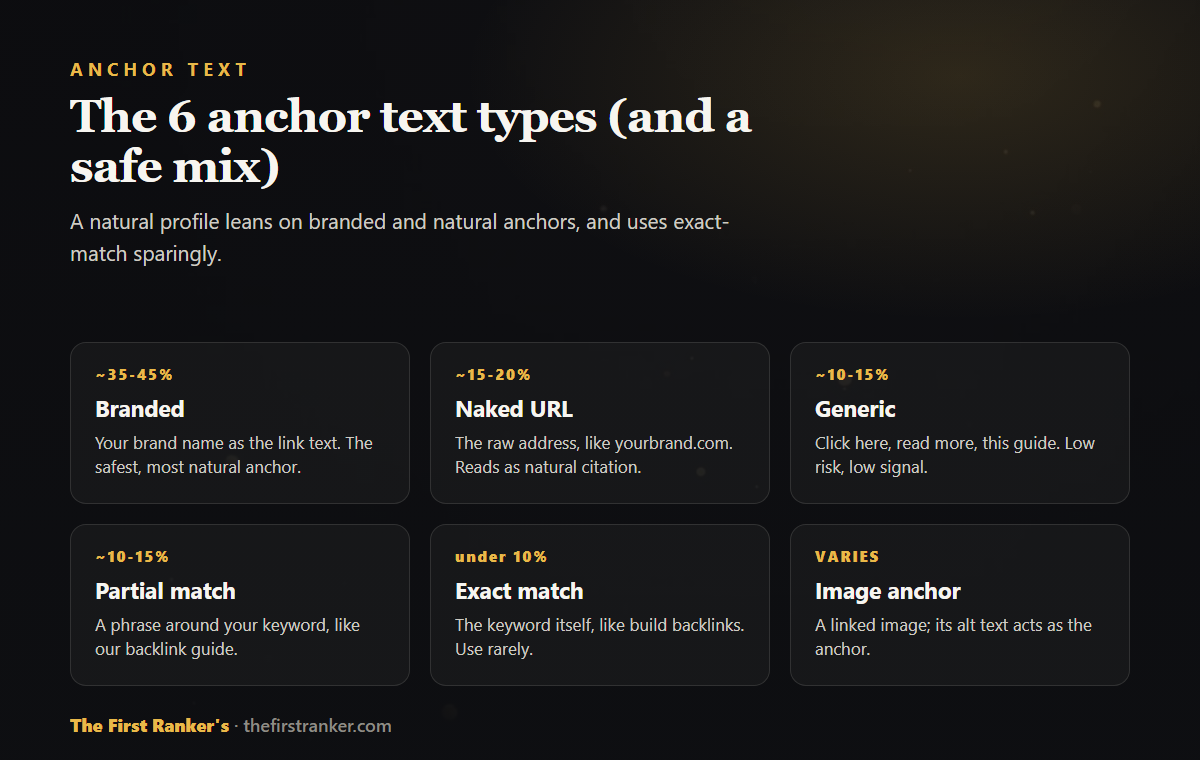 The six anchor text types with a safe distribution: branded 35 to 45%, naked URL 15 to 20%, generic 10 to 15%, partial match 10 to 15%, exact match under 10%, and image anchors